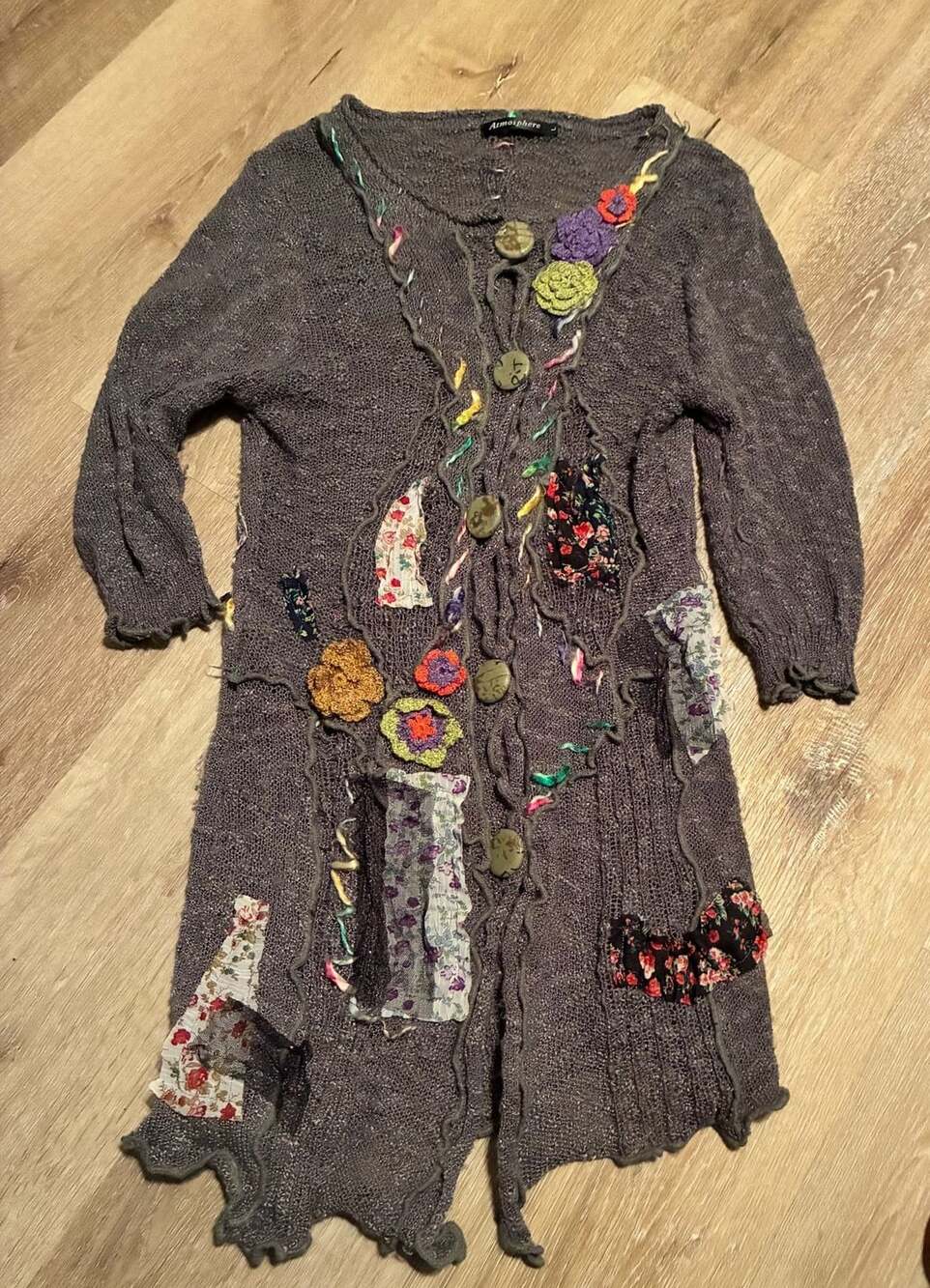 Atmosphere Gray Knit Patchwork Cardigan Coat with Floral Appliques and Crocheted
